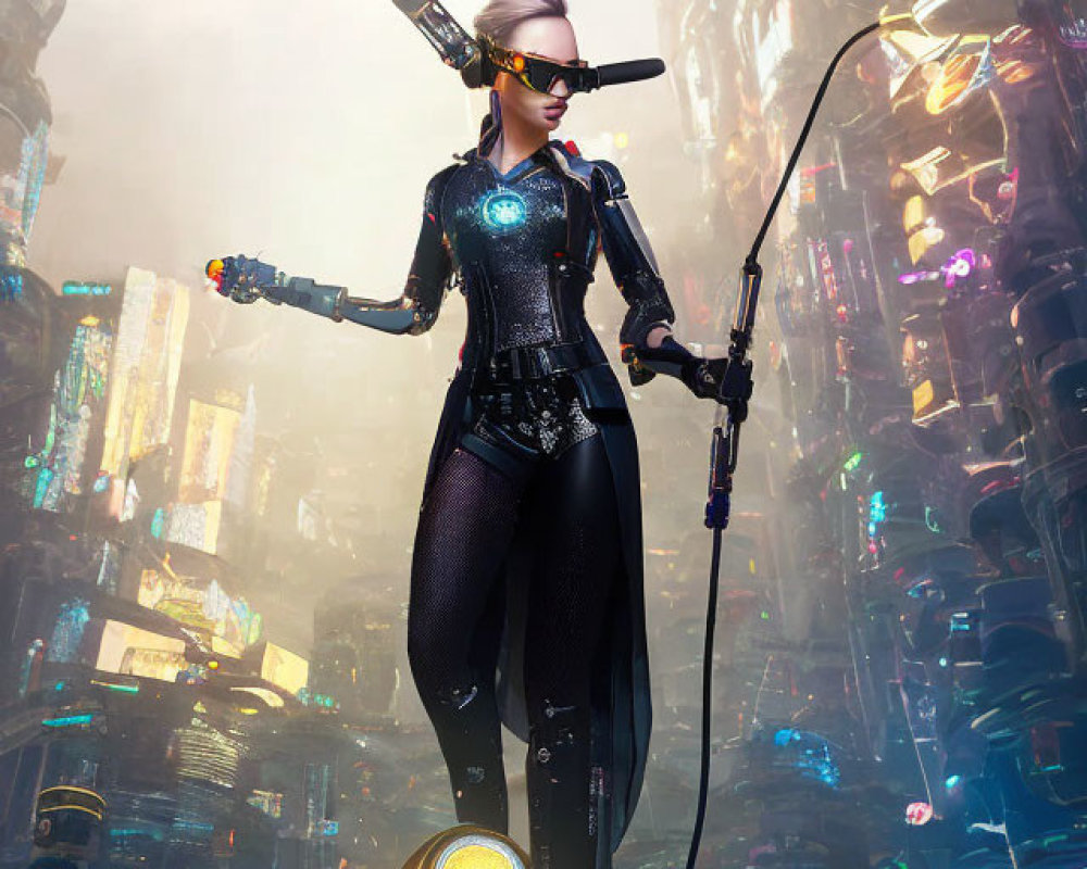 Cybernetic-enhanced female figure on jet platform in futuristic cityscape