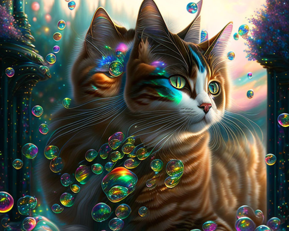 Photorealistic tabby cat in iridescent bubble fantasy scene