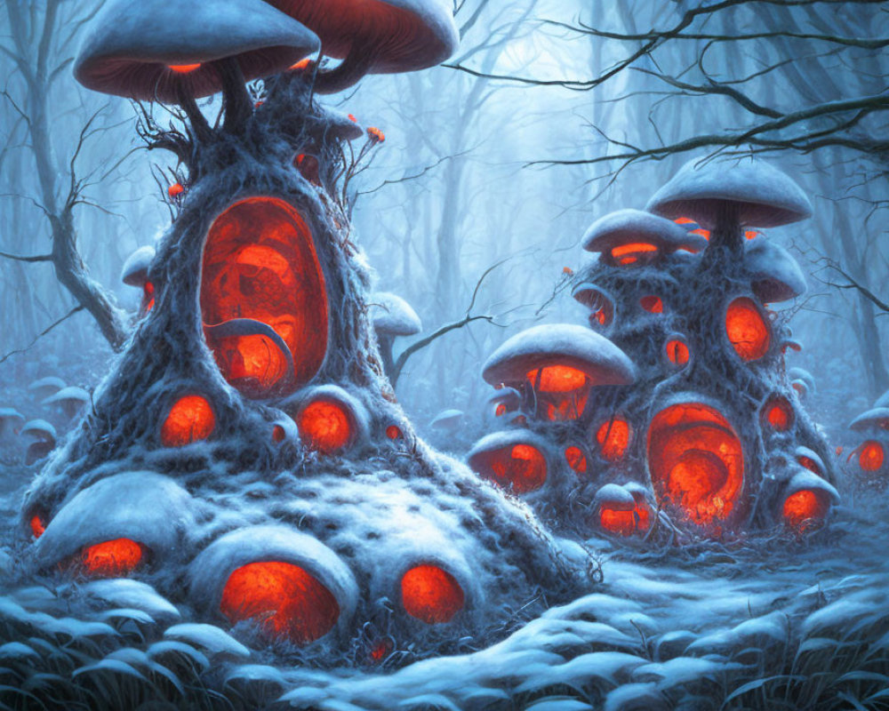 Enchanted snowy forest with glowing oversized mushrooms