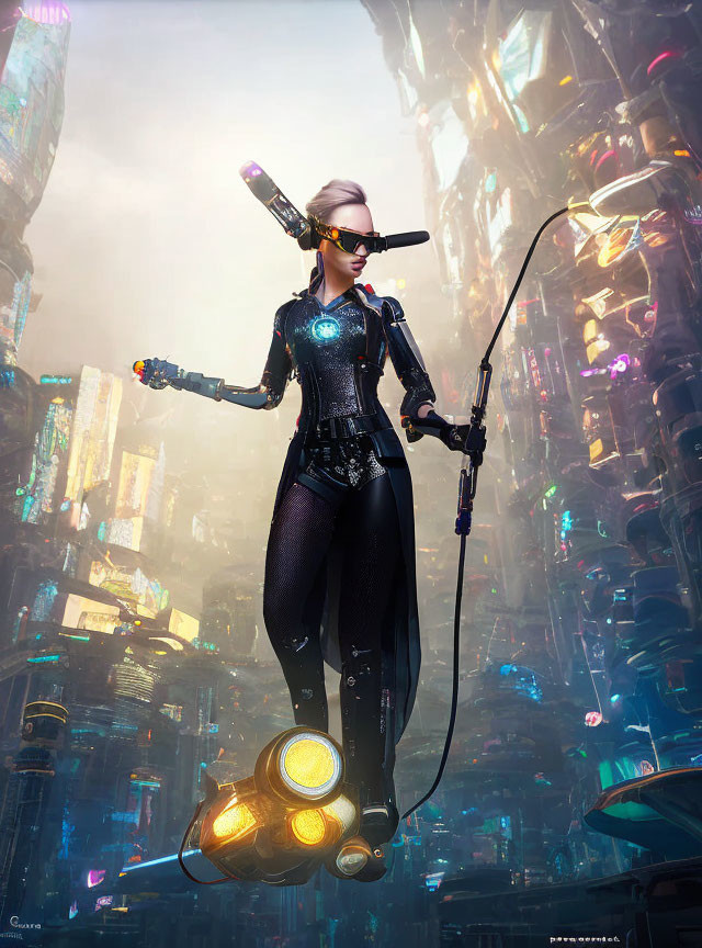 Cybernetic-enhanced female figure on jet platform in futuristic cityscape