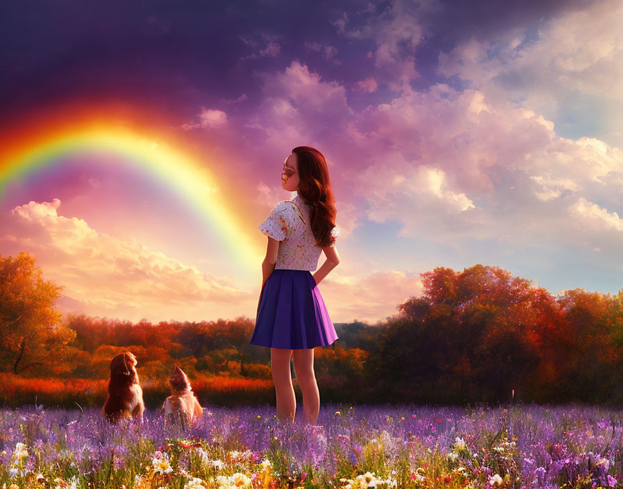 Woman and dog in vibrant flower meadow under stunning rainbow sunset