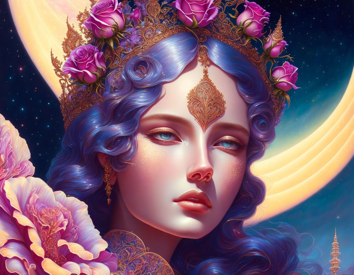 Illustrated woman with blue hair, floral crown, gold adornment, under crescent moon and star