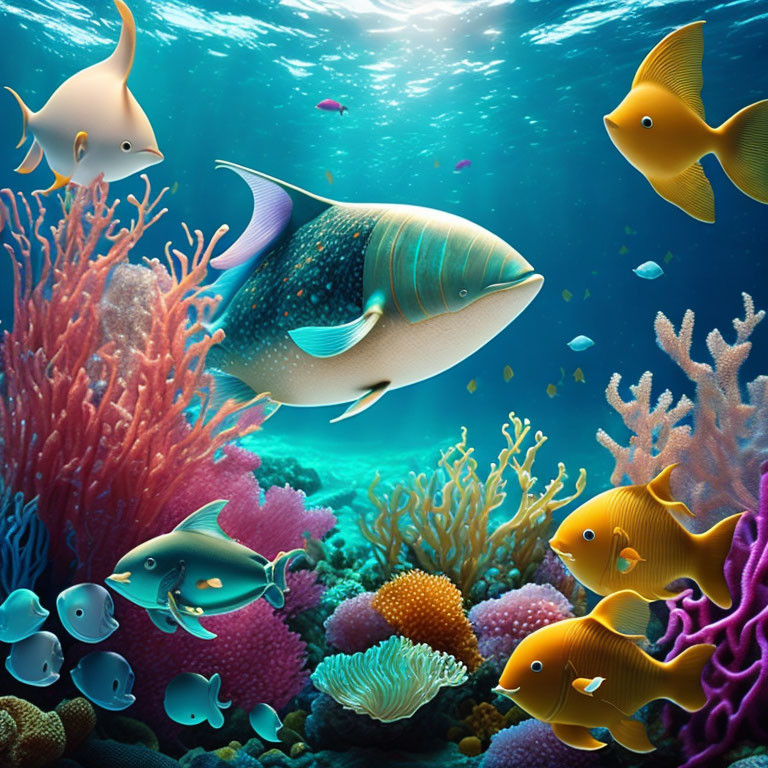 Vibrant Underwater Scene: Colorful Fish and Coral Reefs