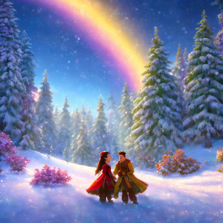 Colorfully dressed couple holding hands in snowy forest under shimmering aurora borealis