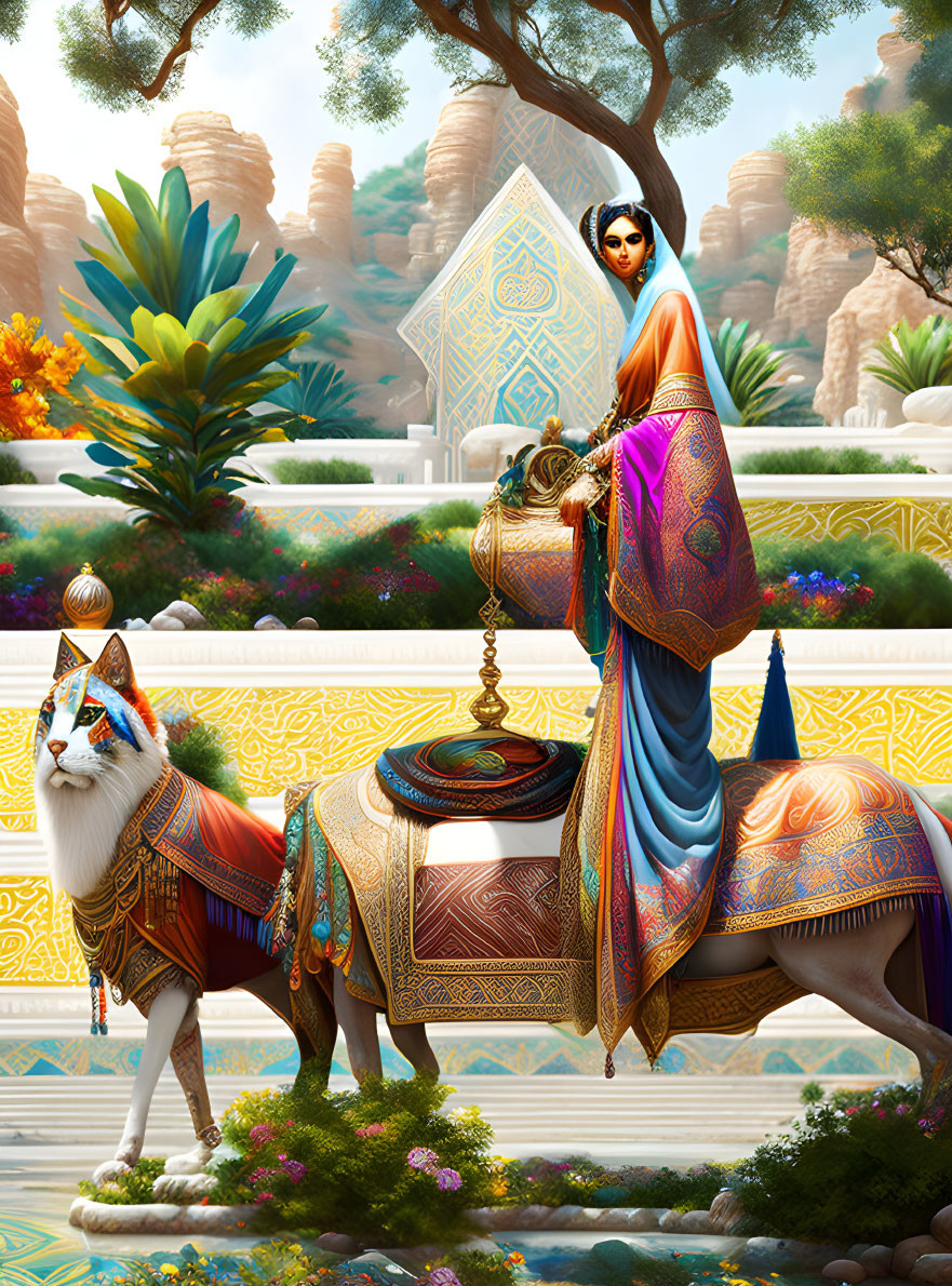 Traditional Attire Woman with White Lion in Fantastical Desert