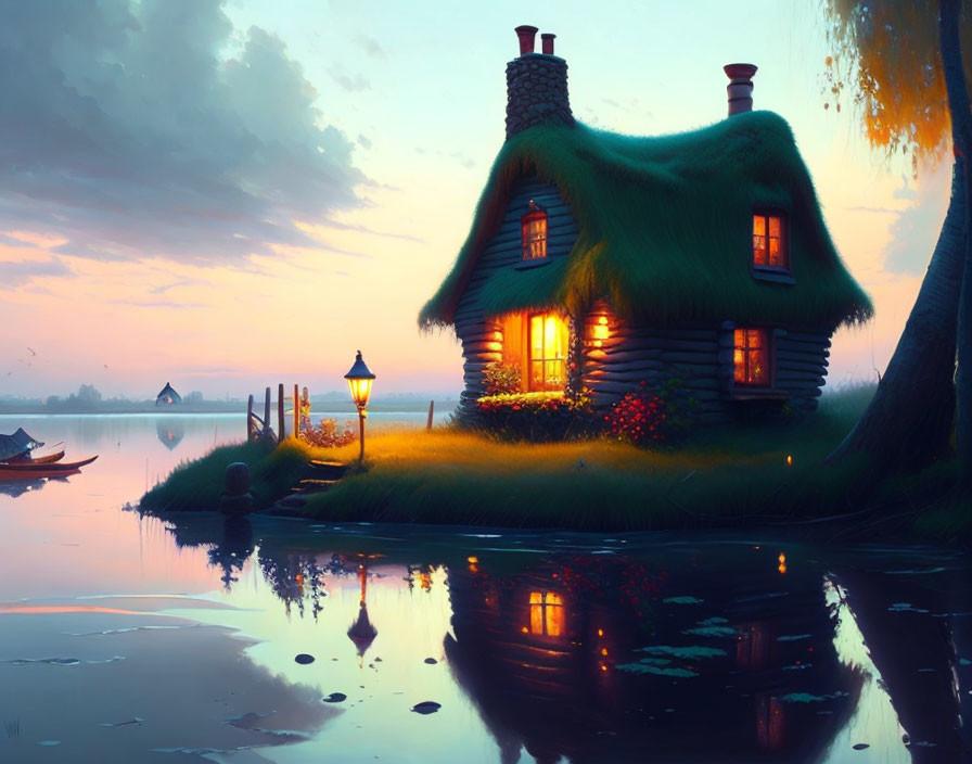 Thatched cottage by tranquil lake at sunset with glowing windows