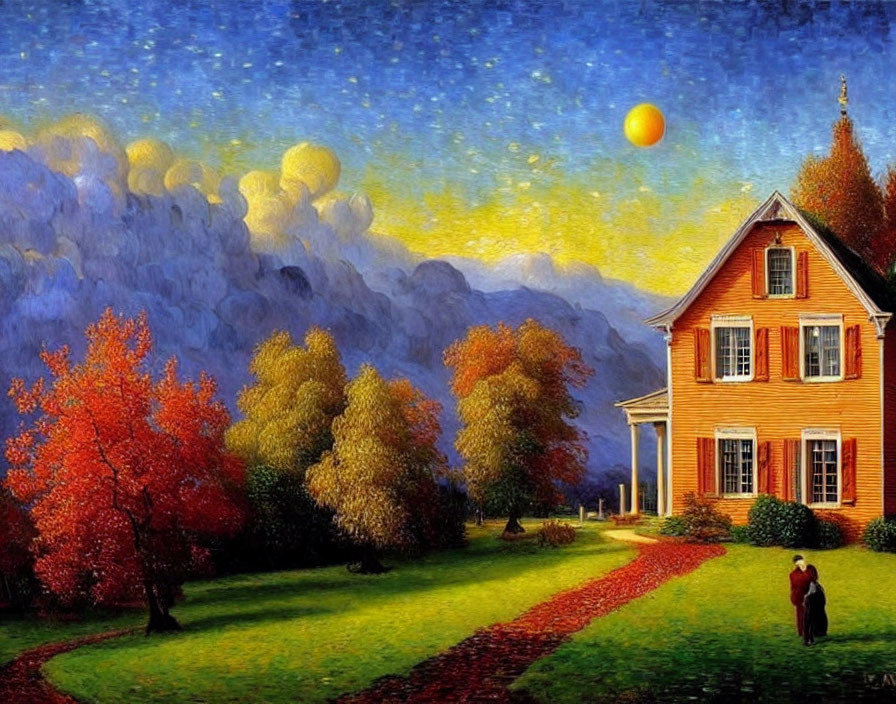 Autumn landscape painting with cozy house, starry sky, and glowing moon.