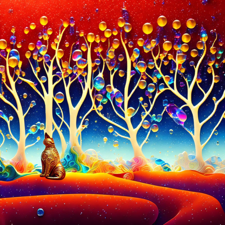 Cat observing surreal, colorful landscape with bubble-like trees under starry sky