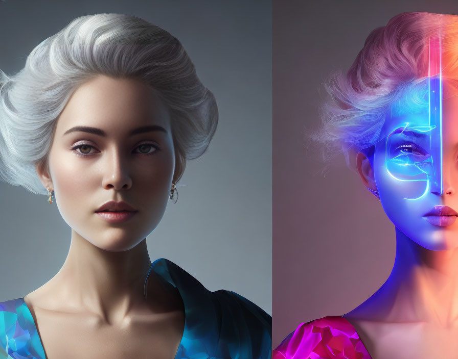 Split Image: Woman with Gray Hair vs. Neon Digital Art