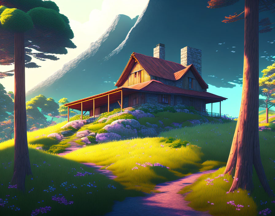 Wooden house surrounded by vibrant flora under a crescent planet in serene fantasy setting