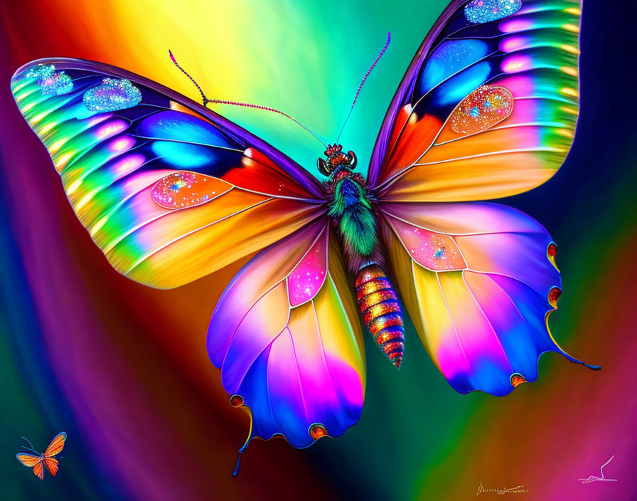 Colorful Butterfly Digital Art Against Rainbow Background