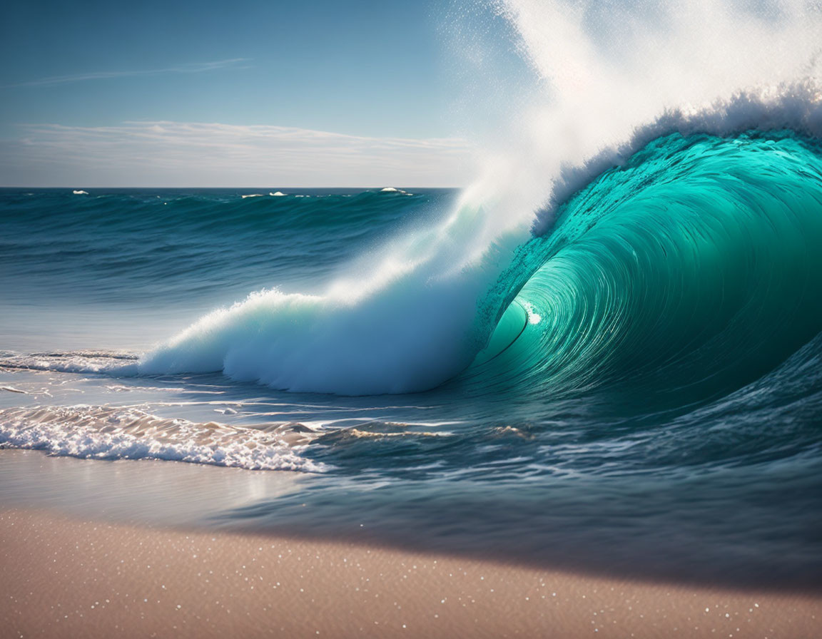 Turquoise Wave Cresting with Spray Against Sunny Beach