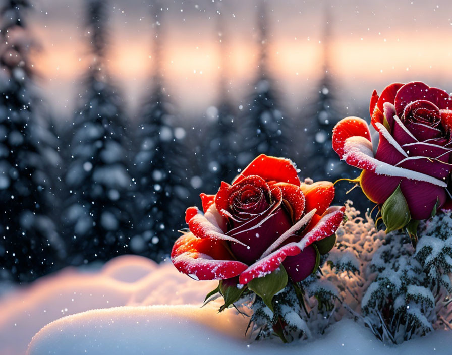 Red Roses with Snowflakes on Snowy Landscape and Sunrise Background