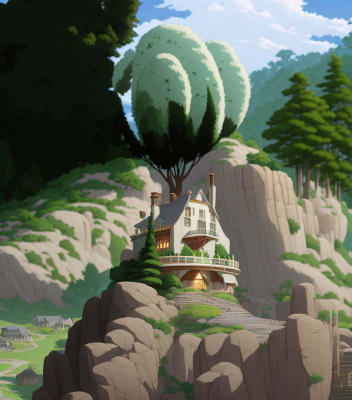 Tranquil illustration of a house on rocky hill with lush trees