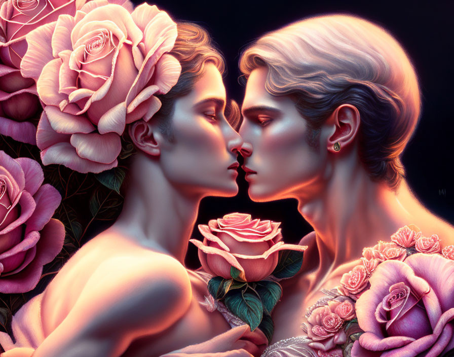 Romantic digital artwork of two pale-skinned individuals amidst pink roses