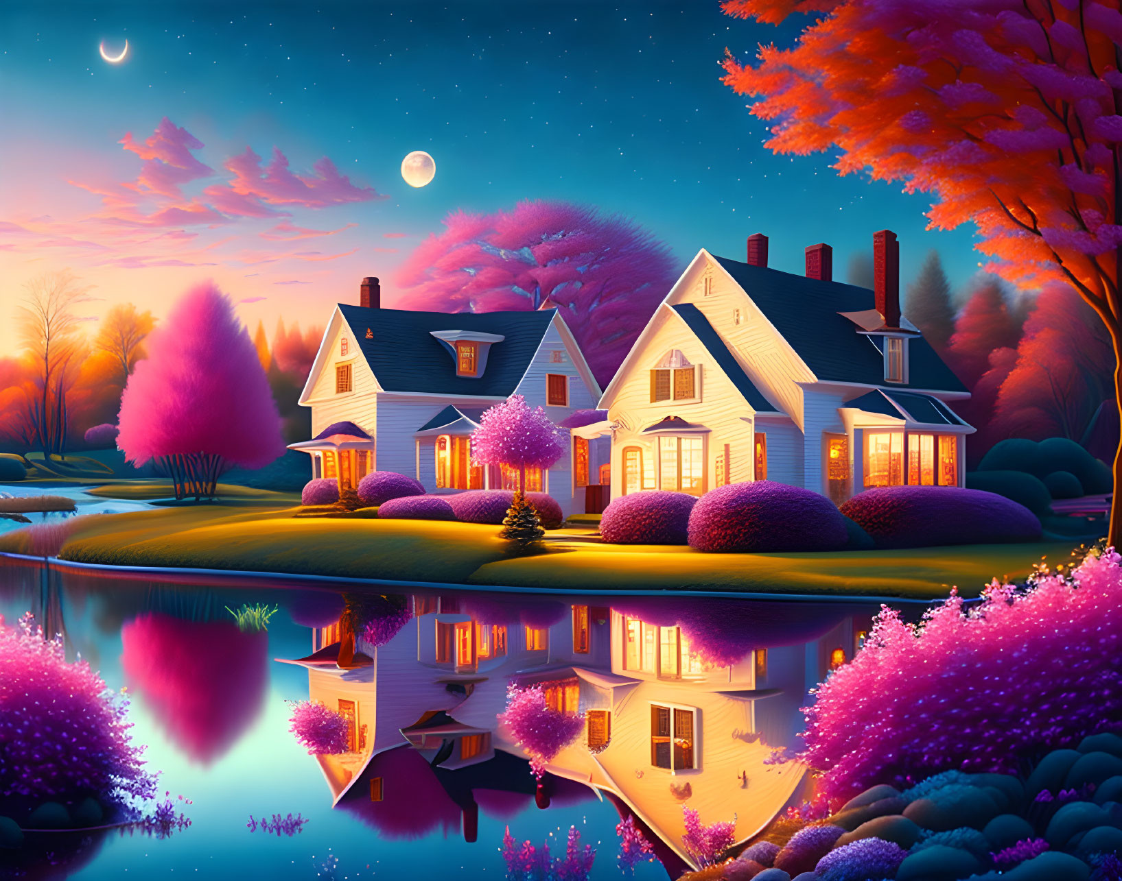 Colorful lakeside house surrounded by blooming trees under twilight sky