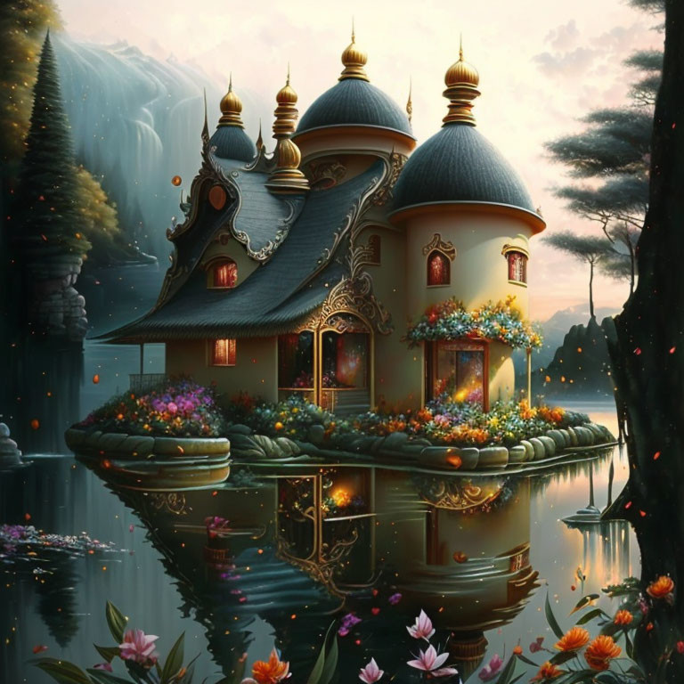 Lakeside fantasy palace with domed rooftops and vibrant water lilies