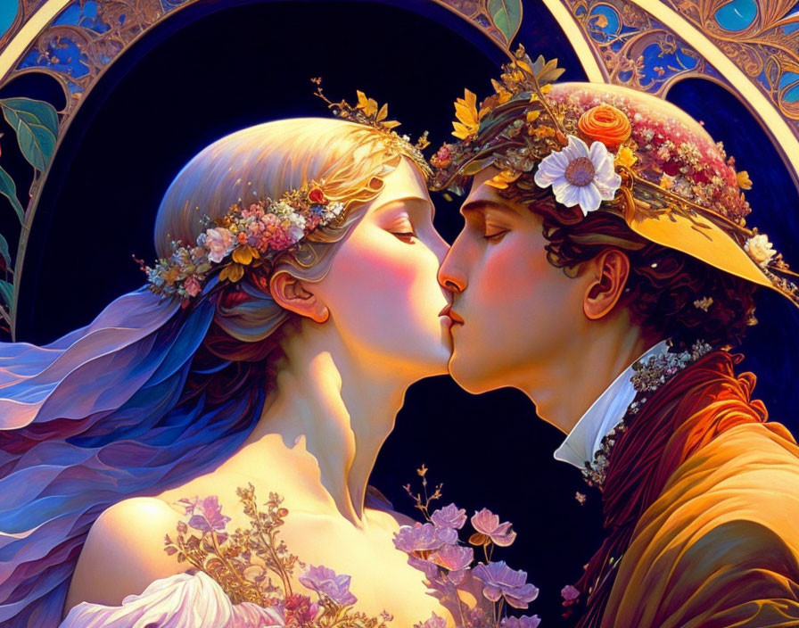 Illustration: Romantic couple with floral wreaths in Art Nouveau style.