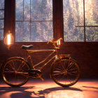 Vintage bicycle illuminated by interior light near large window at night.