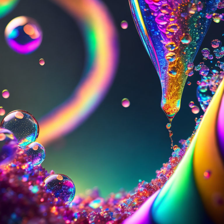 Colorful Bubble and Glitter Close-Up with Suspended Droplet on Dark Background