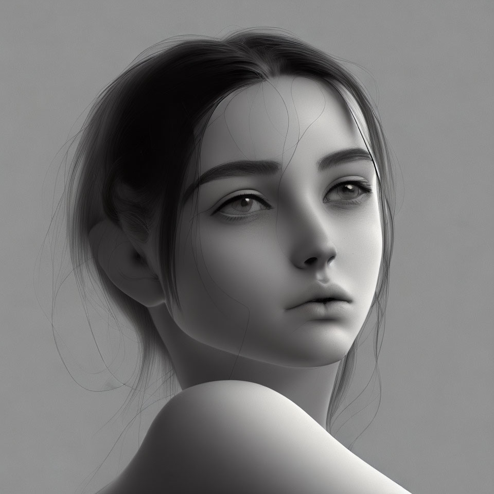 Monochromatic portrait of a contemplative young woman with delicate features and windswept hair on gray