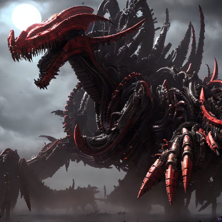 Gigantic red and black mechanical dragon under gloomy sky