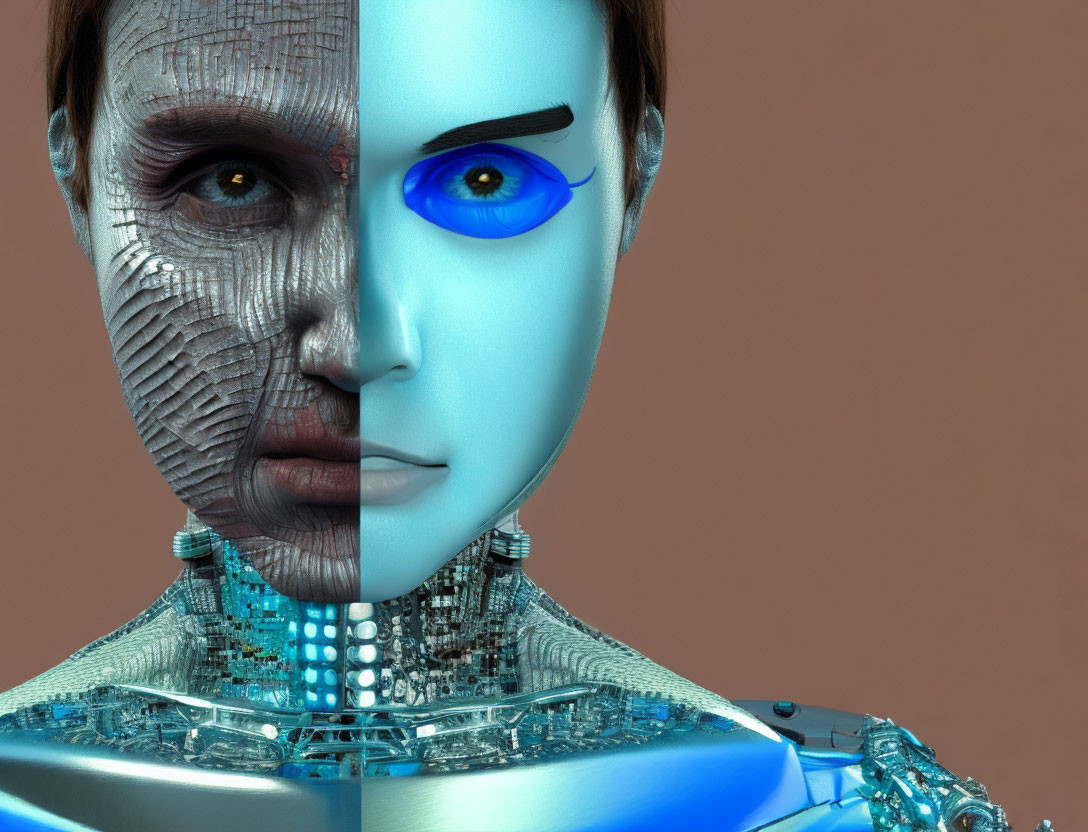 Split-image of human face and humanoid robot showcasing contrast in skin and mechanical parts with blue eye