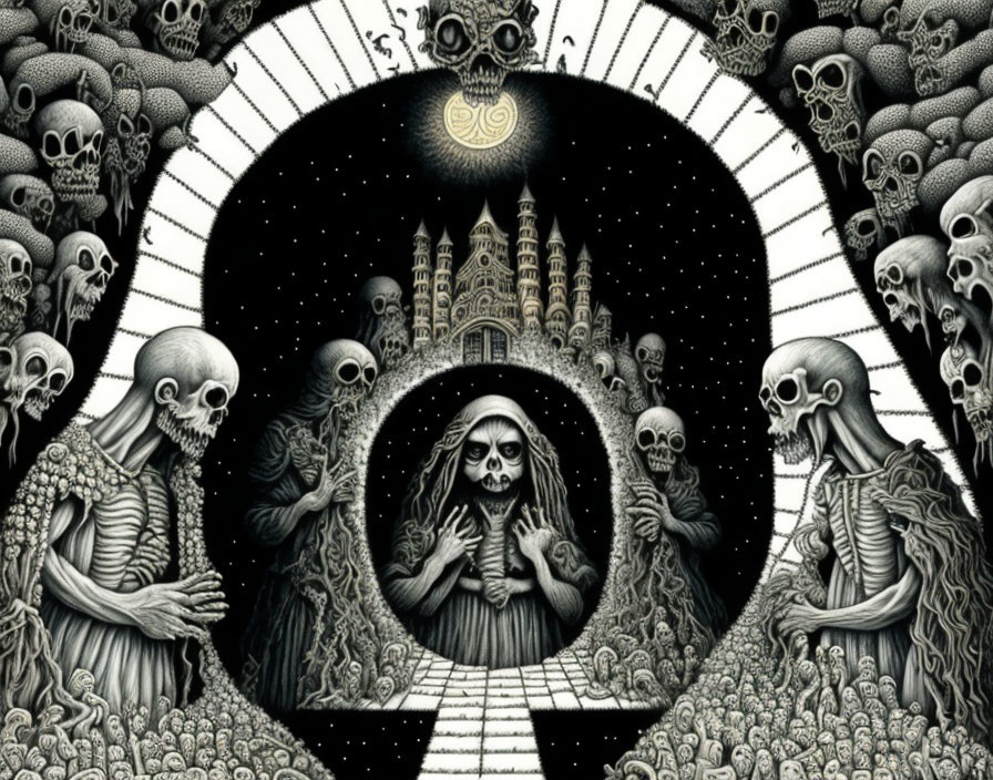 Monochrome artwork of cloaked figure, skeletons, and castle in eerie circular frame