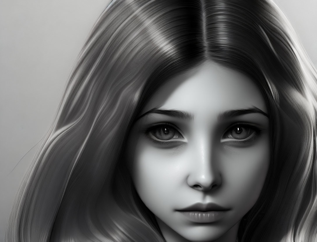 Monochrome digital portrait of young female with flowing hair and captivating eyes