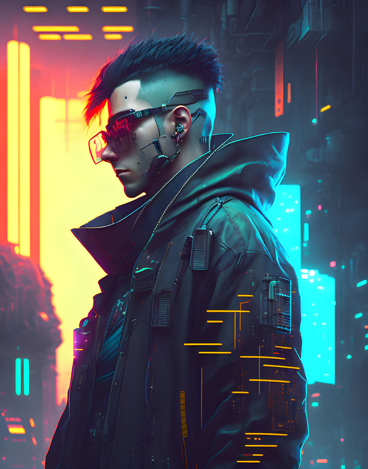 Futuristic cyberpunk character with augmented reality glasses and mohawk hairstyle
