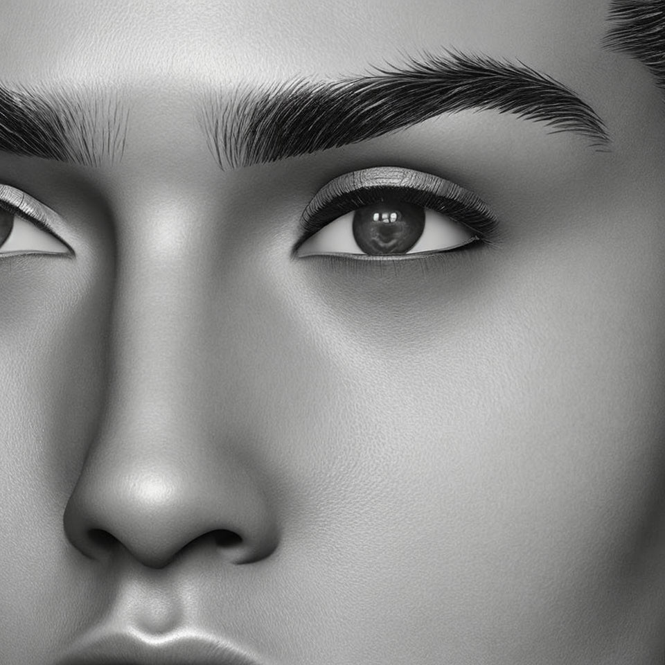 Detailed grayscale image of human eyes with prominent eyebrows and lashes.