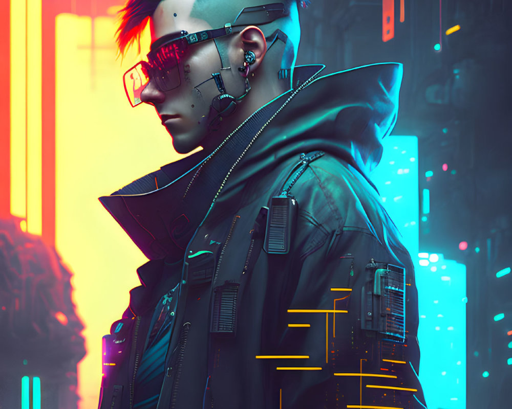 Futuristic cyberpunk character with augmented reality glasses and mohawk hairstyle