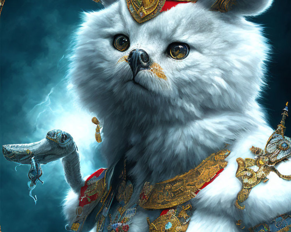 White Cat in Golden Armor with Red Sash and Snake Shoulder Piece