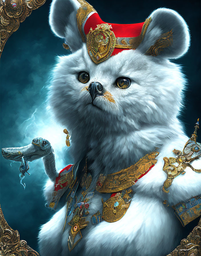 White Cat in Golden Armor with Red Sash and Snake Shoulder Piece