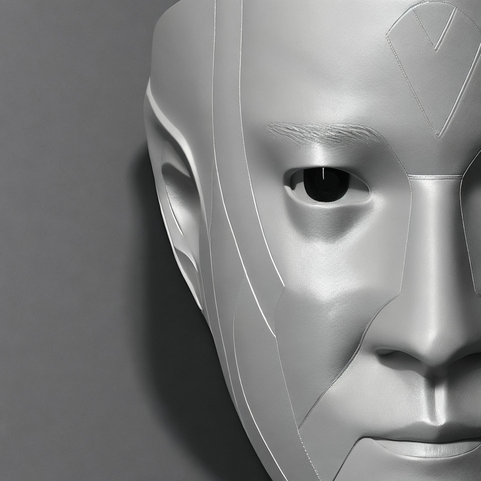 Metallic Silver Humanoid Mask with Sleek Designs and Dark Eye Opening