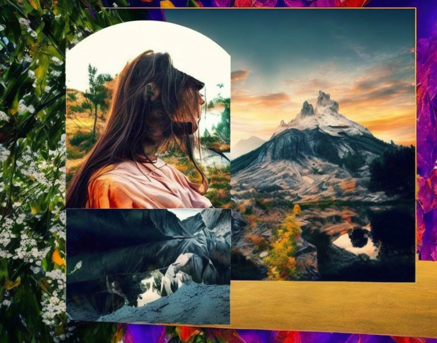 Collage of woman, mountain peak, and reflection on vibrant backdrop