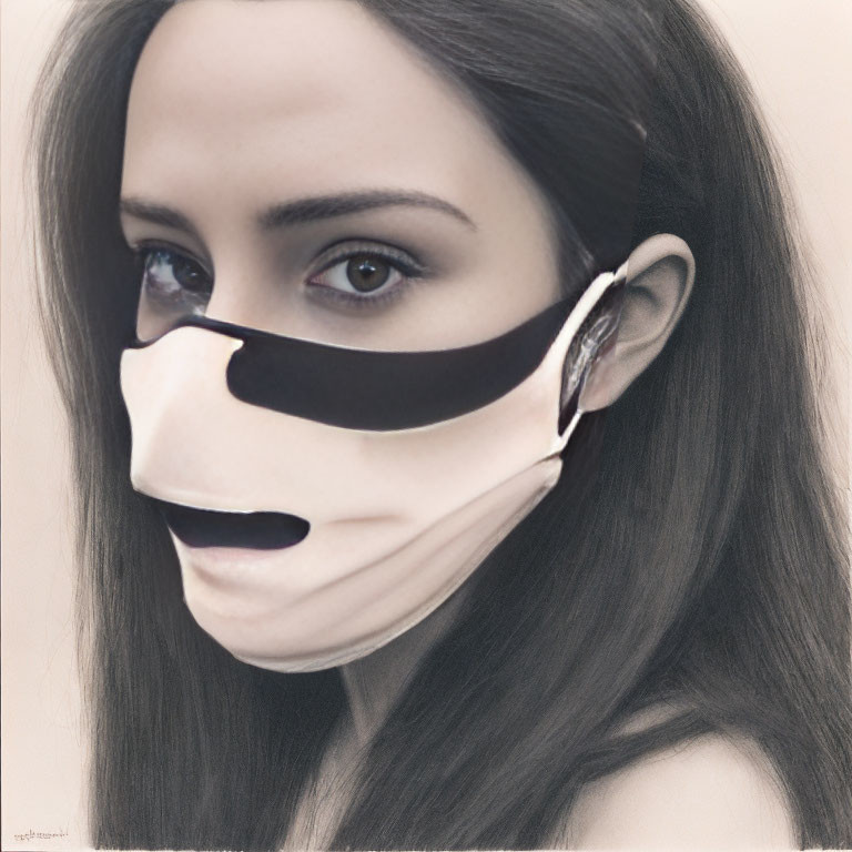 Surrealistic woman's face with monochromatic mask element