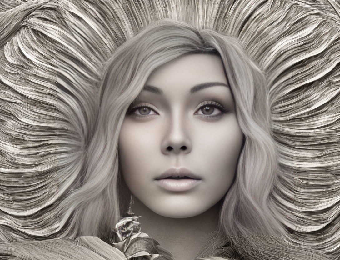 Monochromatic image of woman with voluminous, stylized hair and striking eyes