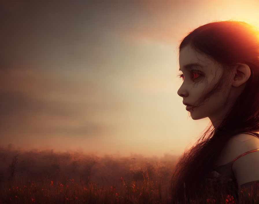 Digital artwork: Somber girl with scar, gazing in misty sunset field