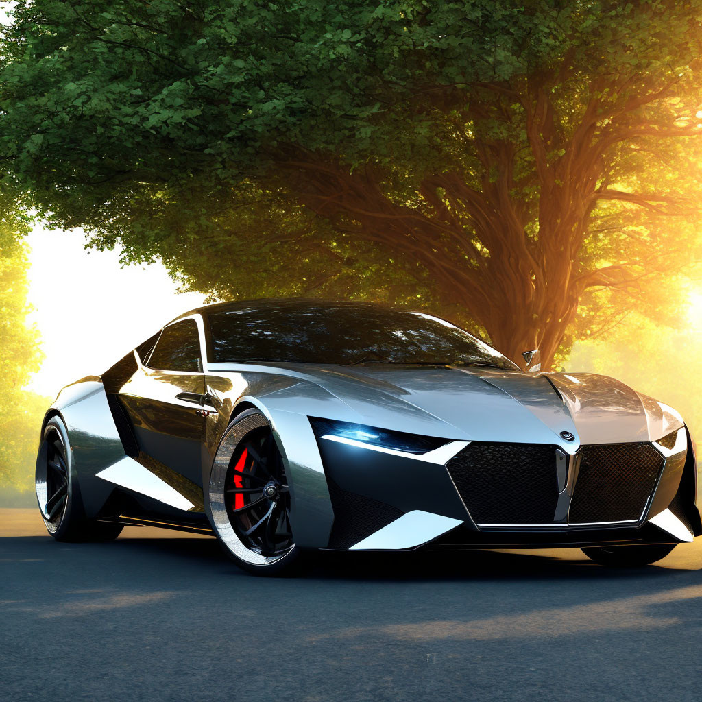 Black and Silver Sports Car on Asphalt Road with Sunlight and Trees