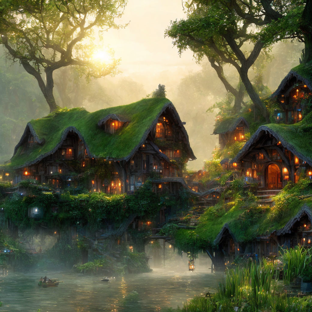 Moss-Covered Cottages in Enchanting Forest Village at Sunrise