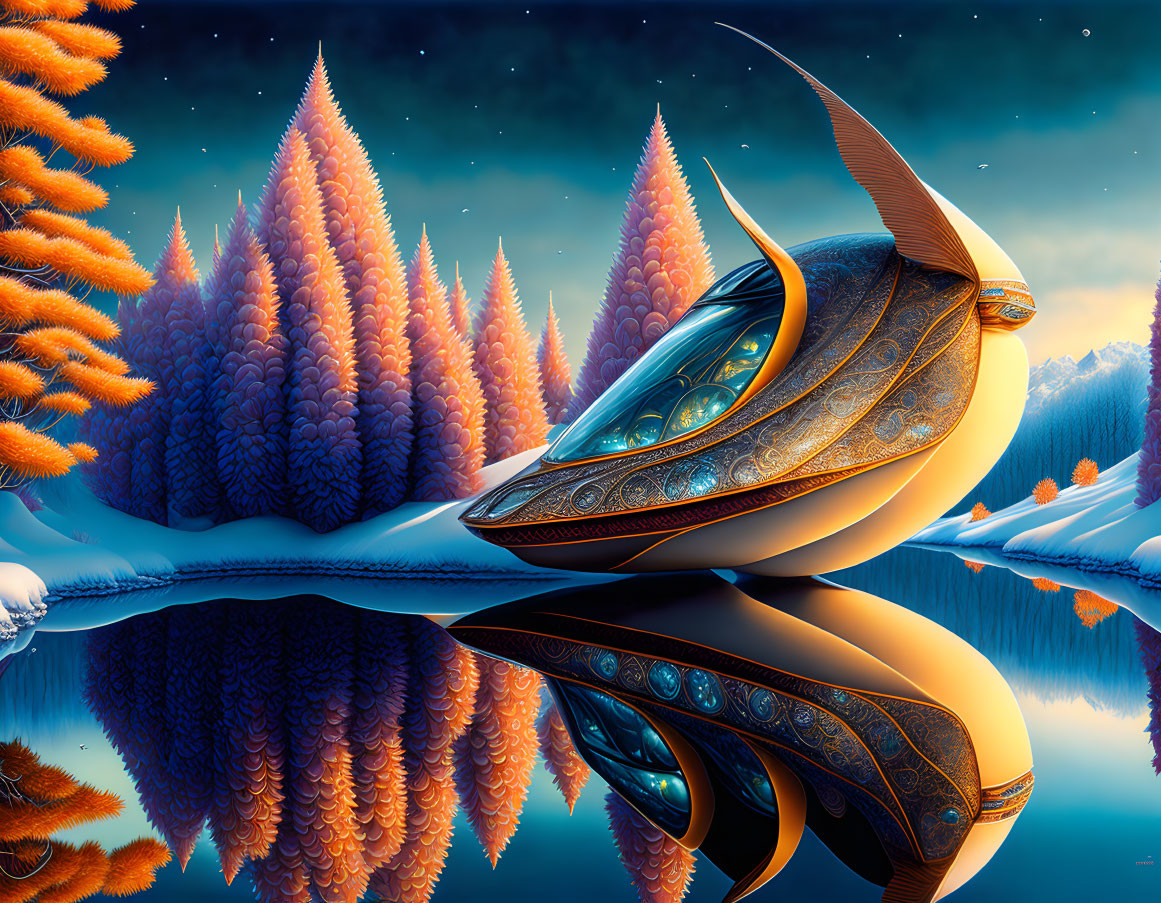 Futuristic ornate ship on serene alien landscape