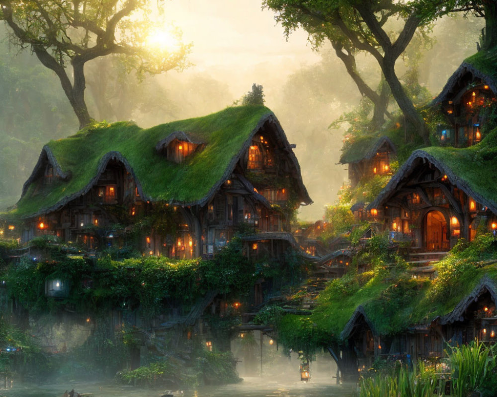 Moss-Covered Cottages in Enchanting Forest Village at Sunrise