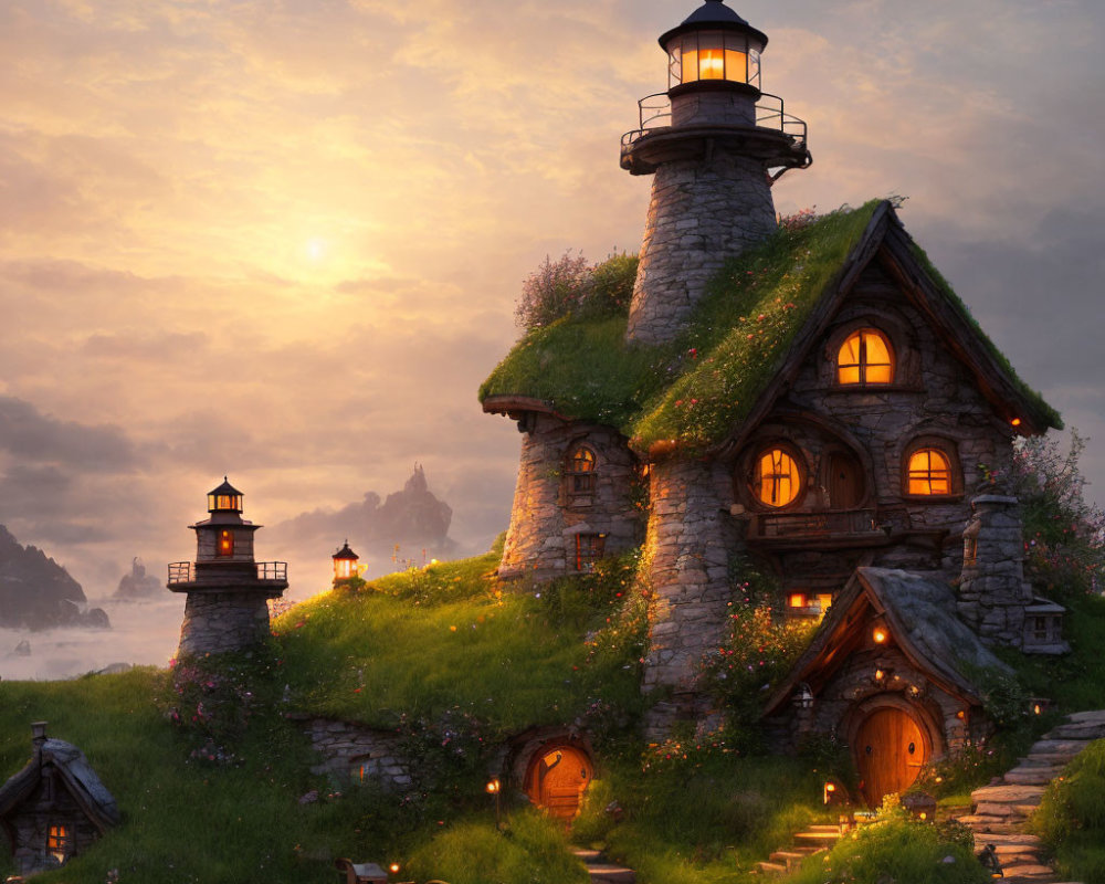 Stone lighthouse with thatched roof in fairy-tale setting at sunset