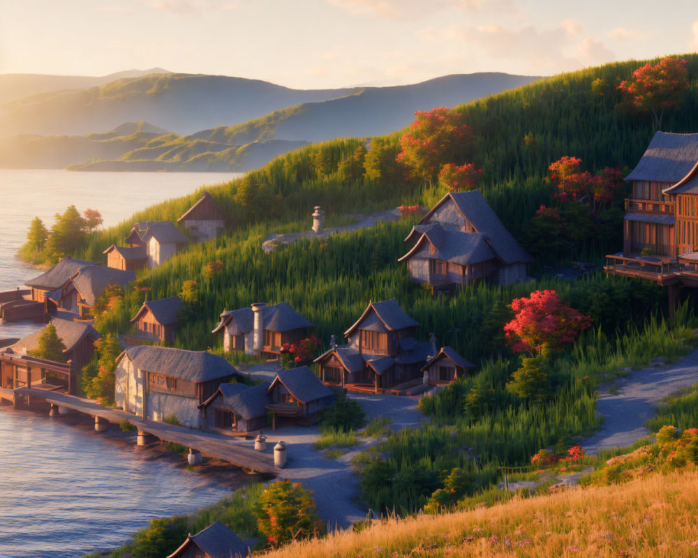 Scenic lakeside village with traditional houses at sunset