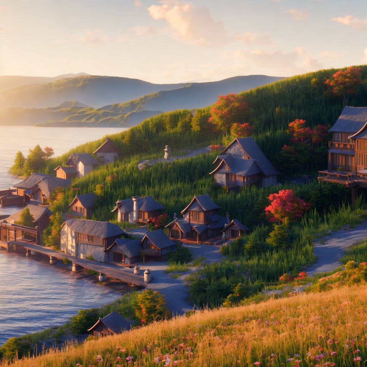 Scenic lakeside village with traditional houses at sunset