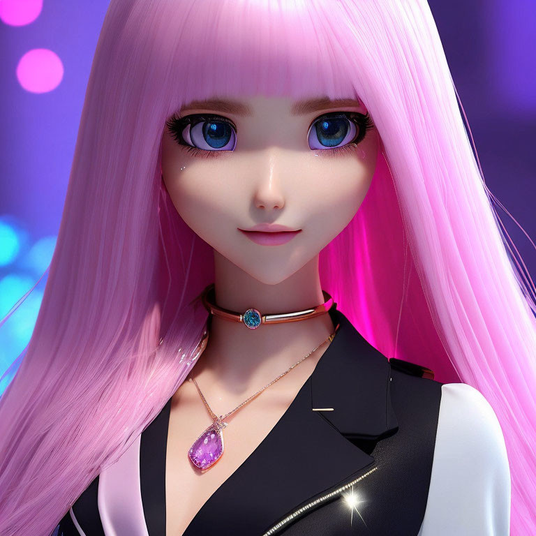 Pink-haired 3D character in choker and jacket with gem pendant, blue eyes, on bo