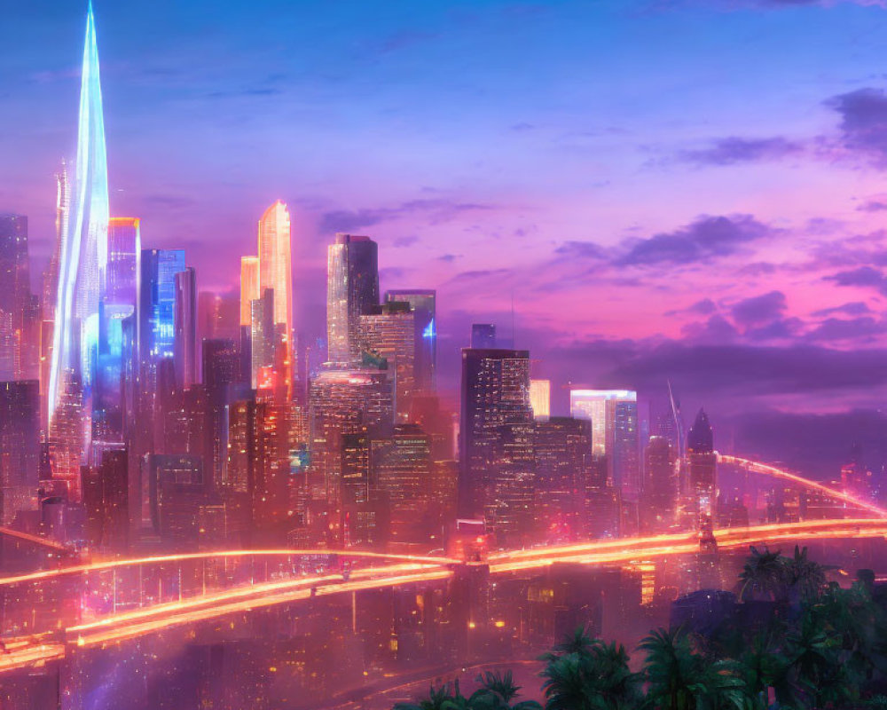 Futuristic cityscape at dawn: neon lights, skyscrapers, bridge, purple sky,