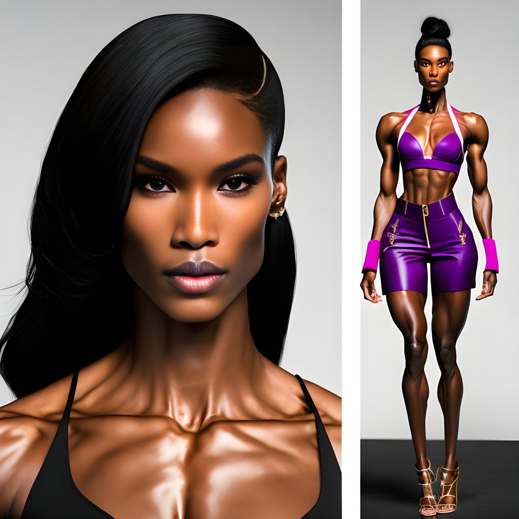 Dark-skinned model in purple sports outfit and high heels on grey background