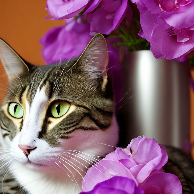 Tabby Cat with Green Eyes Beside Purple Flowers on Orange Background
